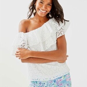 Lilly Pulitzer One-Shoulder White Eyelet Ruffle Top